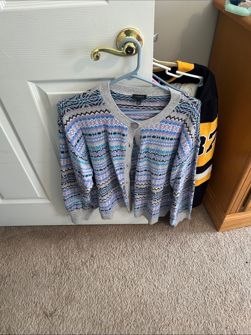 Talbots Light Gray Fair Isle Cardigan with Lavender and Blue Accents